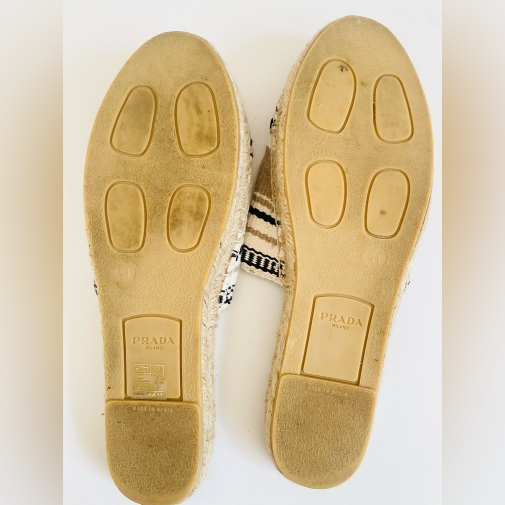 Prada Beige Black stripe cloth logo embroidered slip on flat mules EU 41 - Picture 5 of 9